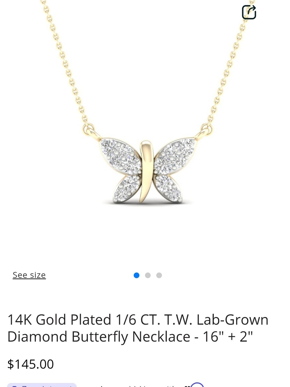 14K Gold-Plated Lab-grown Diamond Butterfly Necklace - Gold 16" + 2"